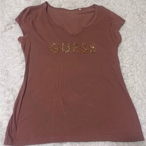 GUESS Women's Short Sleeve Tee in Mauve Brown with Embellished Logo